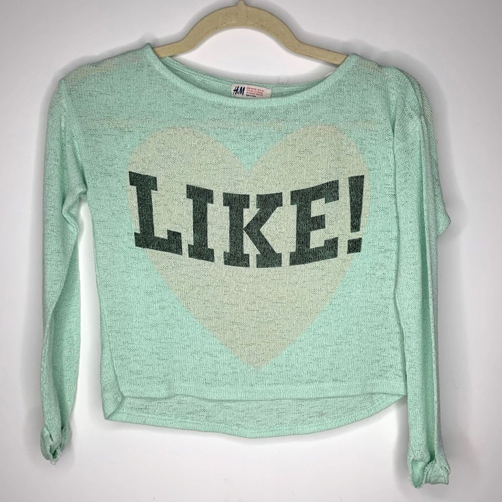 H&M‎ Girls Teal Long SleeveMesh Shirt with Pink Heart Word Like Sz 8-10 Yrs